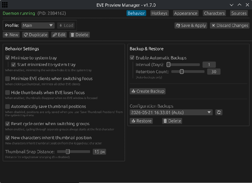 EVE Preview Manager behavior settings