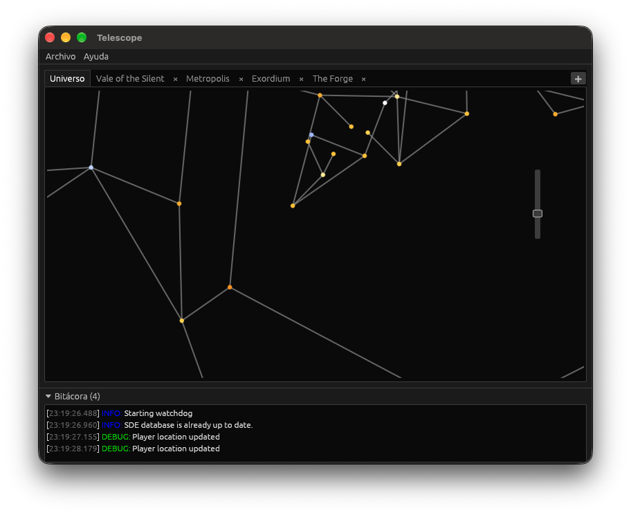 Telescope on macOS: the universe map with a tab for each region, and the status log