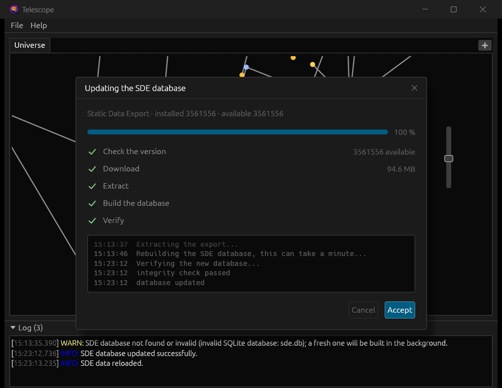 The window that shows the SDE database being built