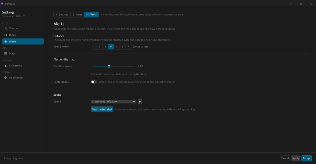 Settings, Alerts: distance, duration and sound