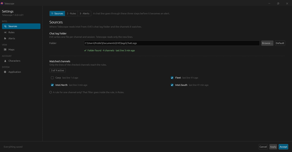 Settings, Sources: the chat log folder and the channels it watches
