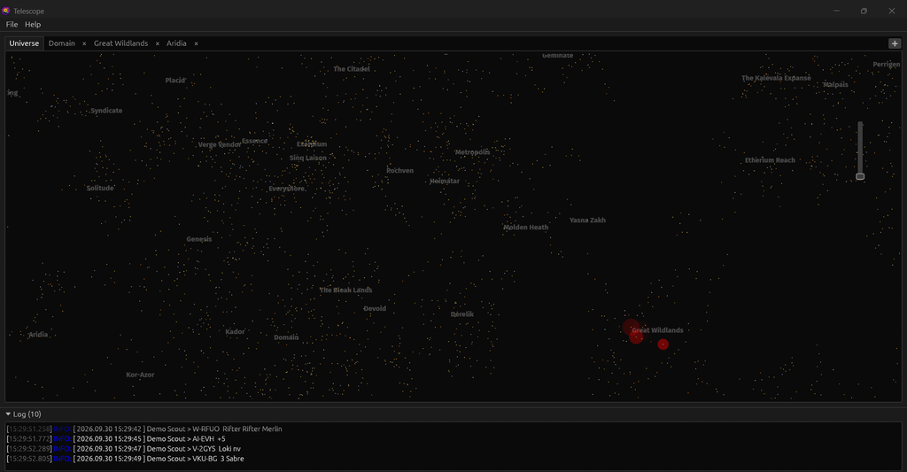 The universe map, with a tab for each region that opens at start-up